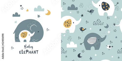 Сhildish pattern with little elephant and mom, baby shower greeting card. Animal seamless background, cute vector texture for kids bedding, fabric, wallpaper, wrapping paper, textile, t-shirt print © Colorlife