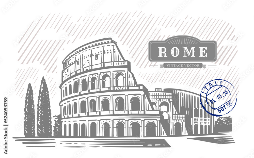 Coliseum in Italy. Hand drawn illustration. Rome. Famous historical landmark