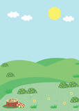 Spring landscape meadow with flower, sun and clouds vector illustration