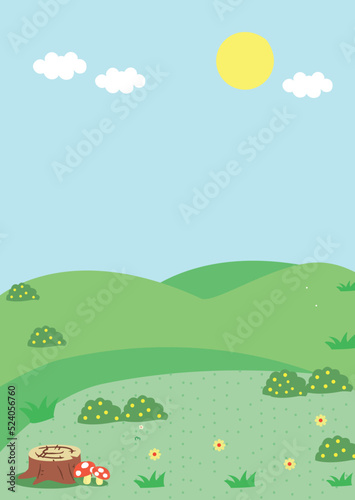 Spring landscape meadow with flower, sun and clouds vector illustration
