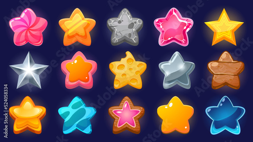 Cartoon game star. Level up and win bonus UI icon for mobile game and web application, colorful various stars of different shapes and colors. Vector award graphic set