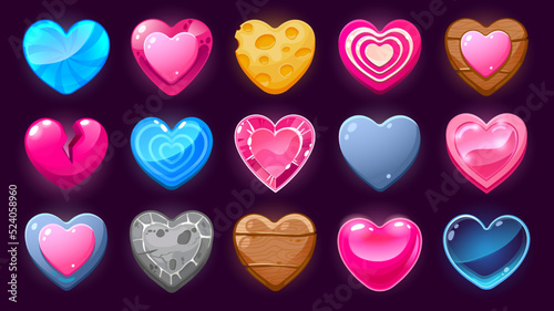 Cartoon hearts asset. Life level 2D game user interface icons, glossy candy heart buttons and sprite elements for mobile game. Vector heart design set