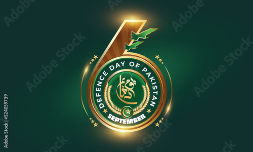6th September. Happy Defence Day. Urdu Calligraphy with number 6 and Pakistan Air Force Aircraft on green background