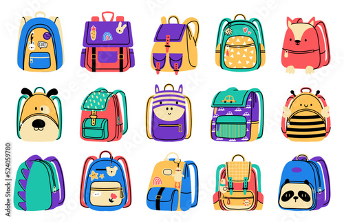 Cartoon school bag. Colorful backpack with zip for school supply and accessories, education equipment for students. Vector isolated baggage collection