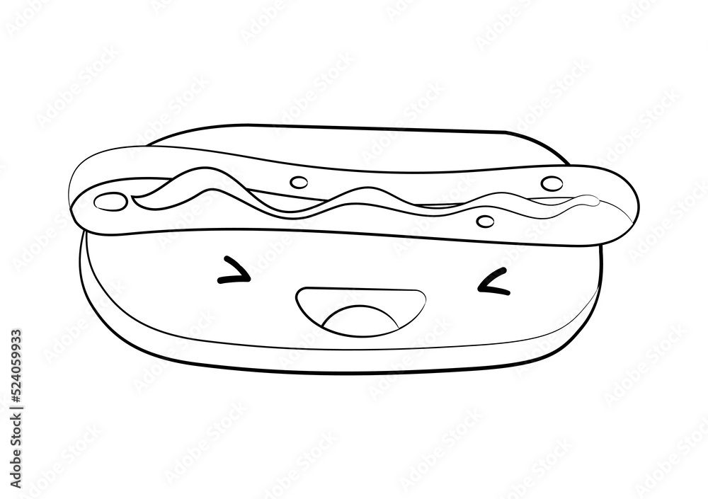 Outline Style cute Hot Dog vector icon isolated on white background. Cartoon Sticker. Kawaii smiling food illustration. Flat cartoon outline style. Coloring page. Outline Style cute Hot Dog vector icon isolated on white background. Cartoon Sticker. Kawaii smiling food illustration. Flat cartoon outline style. Coloring page.