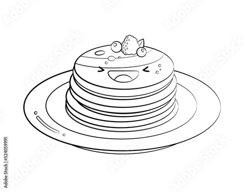 Outline Style cute Pancakes vector icon isolated on white background. Cartoon Sticker. Kawaii smiling food illustration. Flat cartoon outline style. Coloring page.