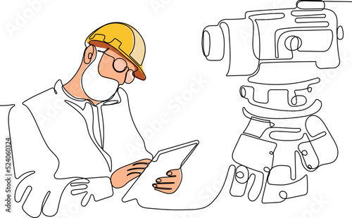Close up of young Caucasian worker with helmet on head using tablet for work while standing in warehouse. Surveyor with a tripod icon. Geodesic tripod. Vector illustration
