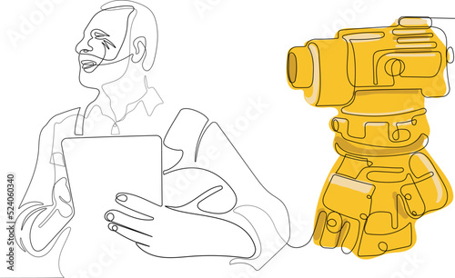 Close up of young Caucasian worker with helmet on head using tablet for work while standing in warehouse. Surveyor with a tripod icon. Geodesic tripod. Vector illustration
