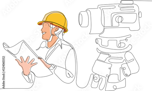 Close up of young Caucasian worker with helmet on head using tablet for work while standing in warehouse. Surveyor with a tripod icon. Geodesic tripod. Vector illustration