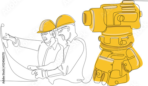 Close up of young Caucasian worker with helmet on head using tablet for work while standing in warehouse. Surveyor with a tripod icon. Geodesic tripod. Vector illustration