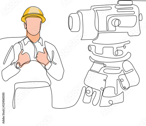 Close up of young Caucasian worker with helmet on head using tablet for work while standing in warehouse. Surveyor with a tripod icon. Geodesic tripod. Vector illustration