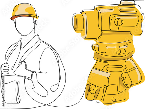 Close up of young Caucasian worker with helmet on head using tablet for work while standing in warehouse. Surveyor with a tripod icon. Geodesic tripod. Vector illustration