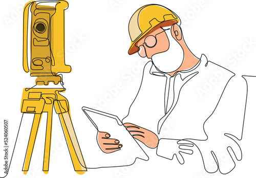Close up of young Caucasian worker with helmet on head using tablet for work while standing in warehouse. Surveyor with a tripod icon. Geodesic tripod. Vector illustration