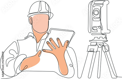 Close up of young Caucasian worker with helmet on head using tablet for work while standing in warehouse. Surveyor with a tripod icon. Geodesic tripod. Vector illustration