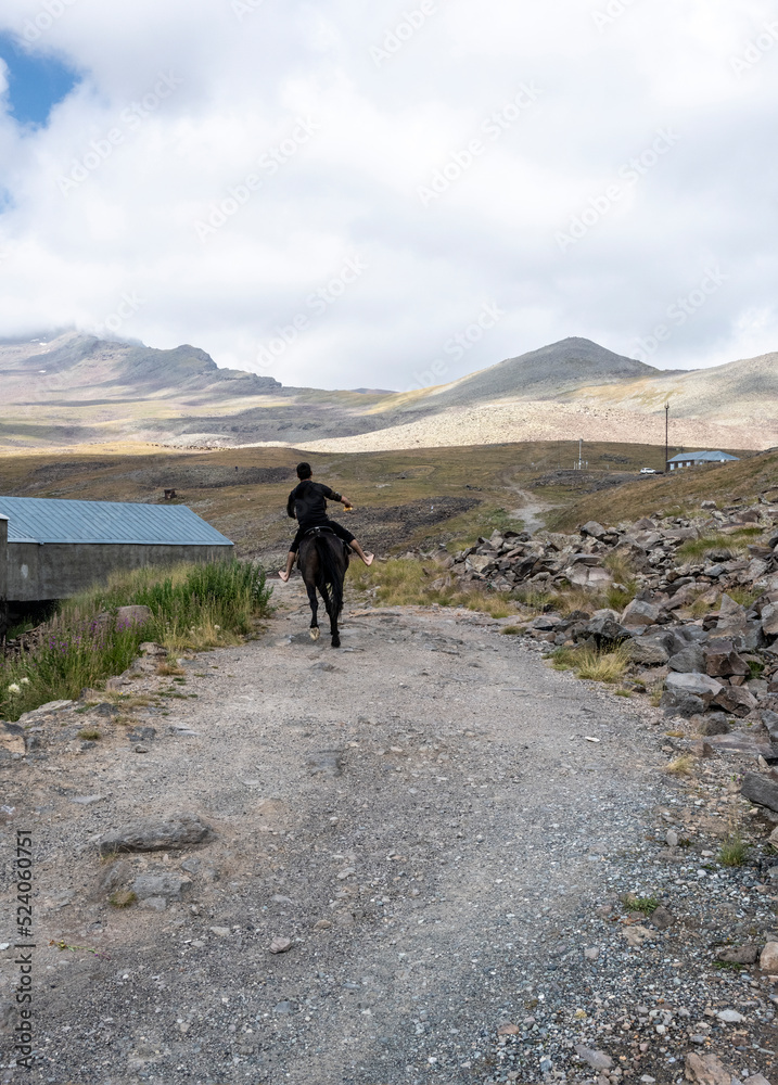 Fototapeta premium a rider on a brown horse gallops against the backdrop of mountains and an alpine lake in Armenia