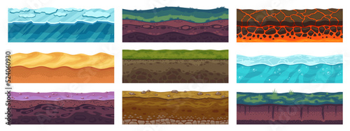 Game level ground. Seamless floor of different textures and materials for level construction, rocks ice grass sand biomes asset. Vector earth texture nature environment