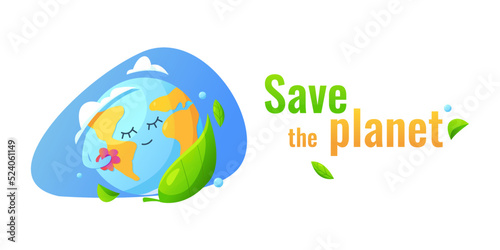 Save the Planet cartoon with Earth globe, green leaves, water drops isolated on a white background. Global Warming and Climate Change Concept.