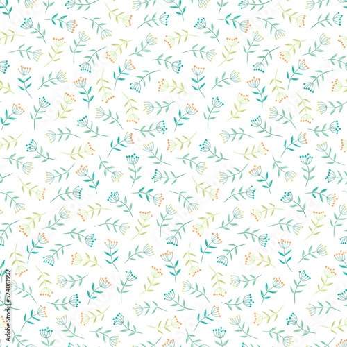 Green herbs seamless pattern. Leaves  wildflowers and berries. Vector illustration with different plants and branches on white background.