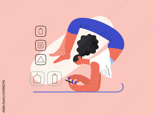 Easy shopping - Online shopping and electronic commerce series - modern flat vector concept illustration of a woman doing yoga and shopping. Promotion, discounts, sale and online orders concept