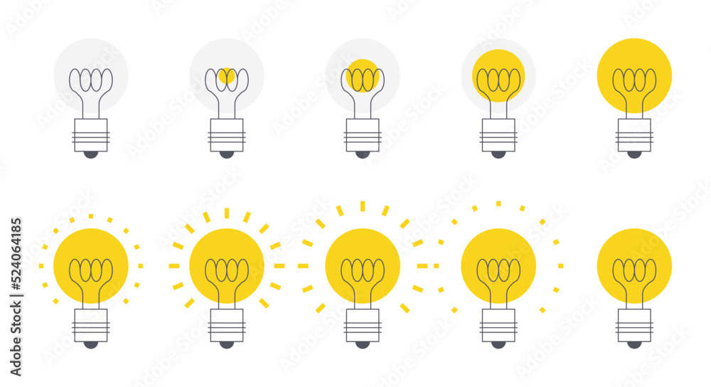 Light bulb animation. Minimalistic light turn on animated frame sequence for good idea and