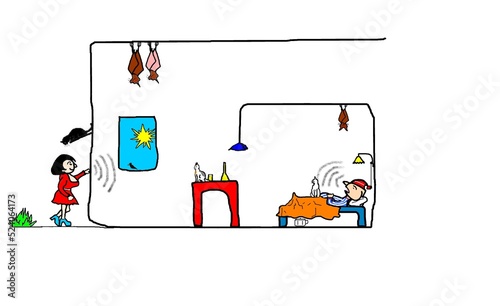 Cartoon, Harry's stories, cartoon handyman boy sleeps while someone knocks on the door, it`s his girlfriend who comes to surprise him while he snores photo