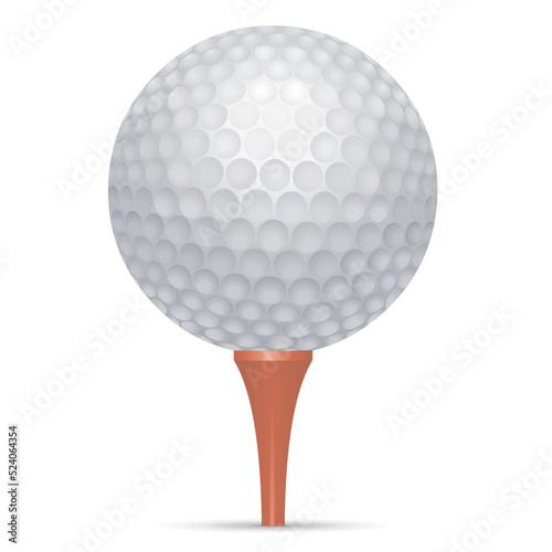 Golf ball and red tee on white background