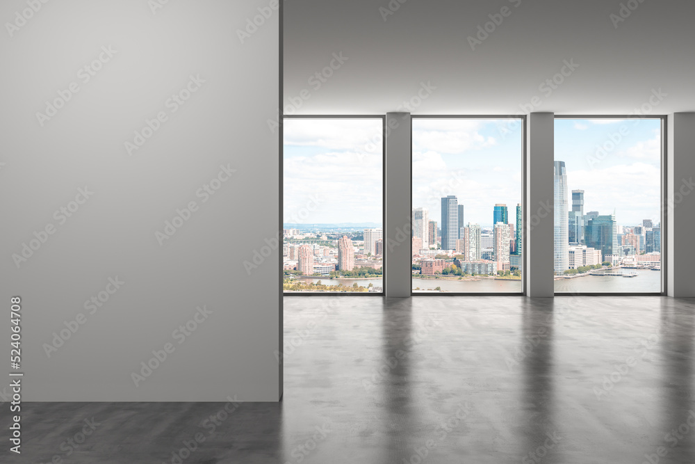 Downtown New Jersey City Skyline Buildings from High Rise Window. Beautiful Expensive Real Estate. Empty room Interior. Mockup white wall. Skyscrapers View Cityscape. Day. 3d rendering. Downtown New Jersey City Skyline Buildings from High Rise Window. Beautiful Expensive Real Estate. Empty room Interior. Mockup white wall. Skyscrapers View Cityscape. Day. 3d rendering.
