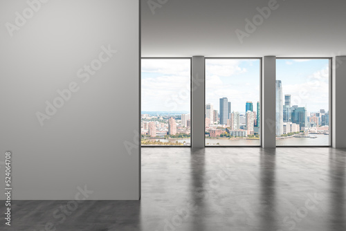 Downtown New Jersey City Skyline Buildings from High Rise Window. Beautiful Expensive Real Estate. Empty room Interior. Mockup white wall. Skyscrapers View Cityscape. Day. 3d rendering.