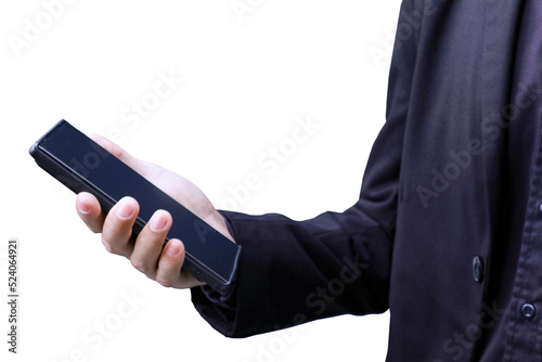 Business man person hold mock up phone in hand on transparent background png file © Sync