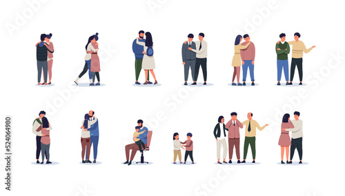 Emotional support. Stressed people at psychologist therapy, friends hugging depressed and crying persons, empathy and grief cure concept. Vector illustration
