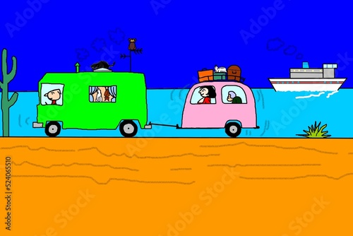 Cartoon, vector,Harry's stories , Harry adventurous boy goes on a beach holiday with his family, he travels by camper, but his wife and mother-in-law in a caravan photo