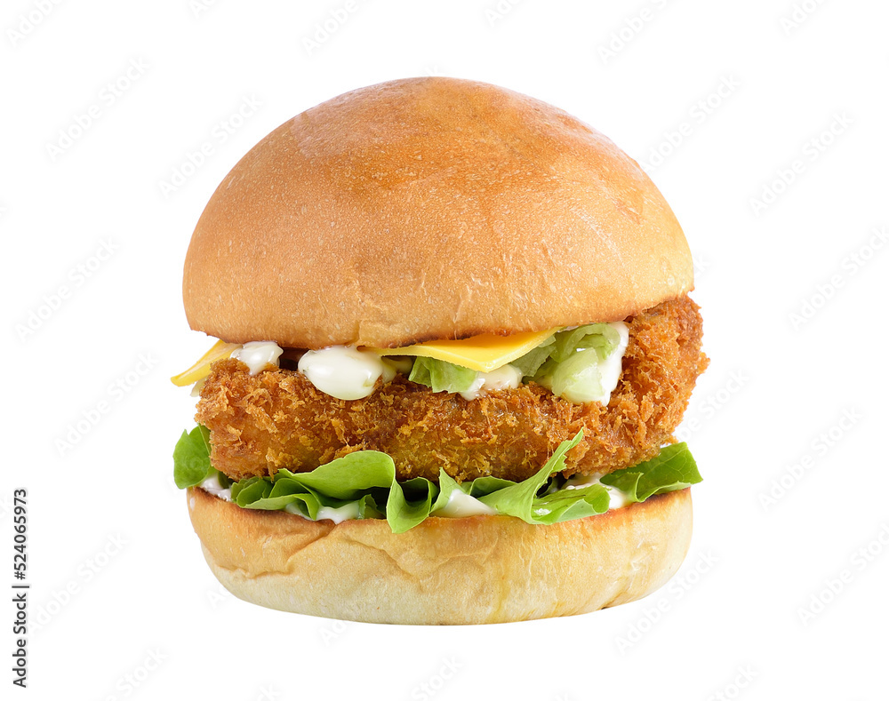 Hamburger with chicken and cheese on transparent png Hamburger with chicken and cheese on transparent png