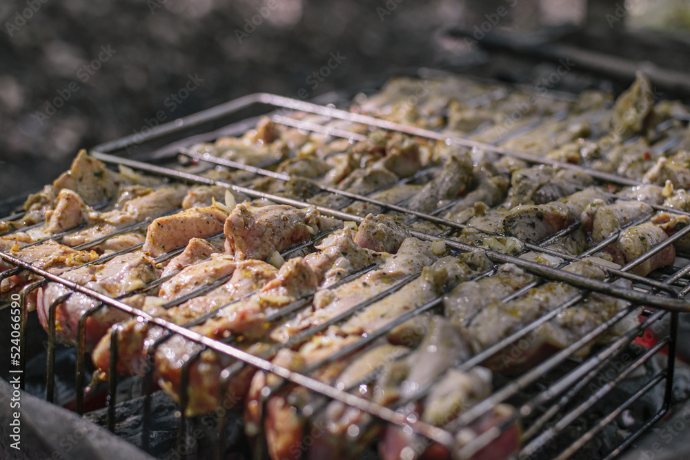 Delicious meat cooked in a grill over burning coals