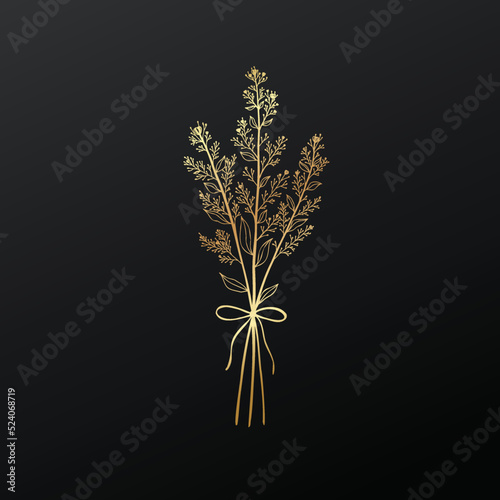 Illustration of a bouquet of beautiful golden plants with a ribbon on a black background