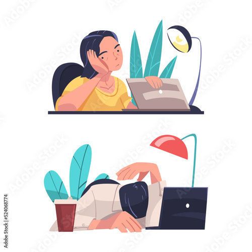Set of tired, sleepy people. Unhappy office employees sitting at laptop computers cartoon vector illustration
