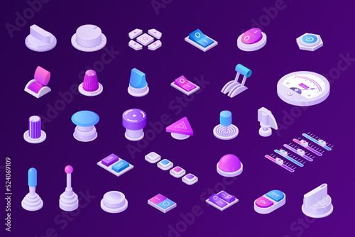 Isometric music switches. Retro futuristic 3D analog slider switchers toggles levers tumblers and knobs for audio and video editing control panel. Vector set