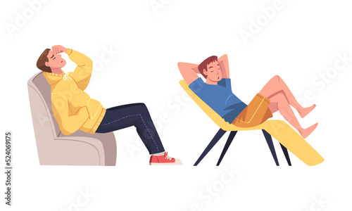 Set of tired sleepy people. Exhausted young men sitting in armchairs cartoon vector illustration