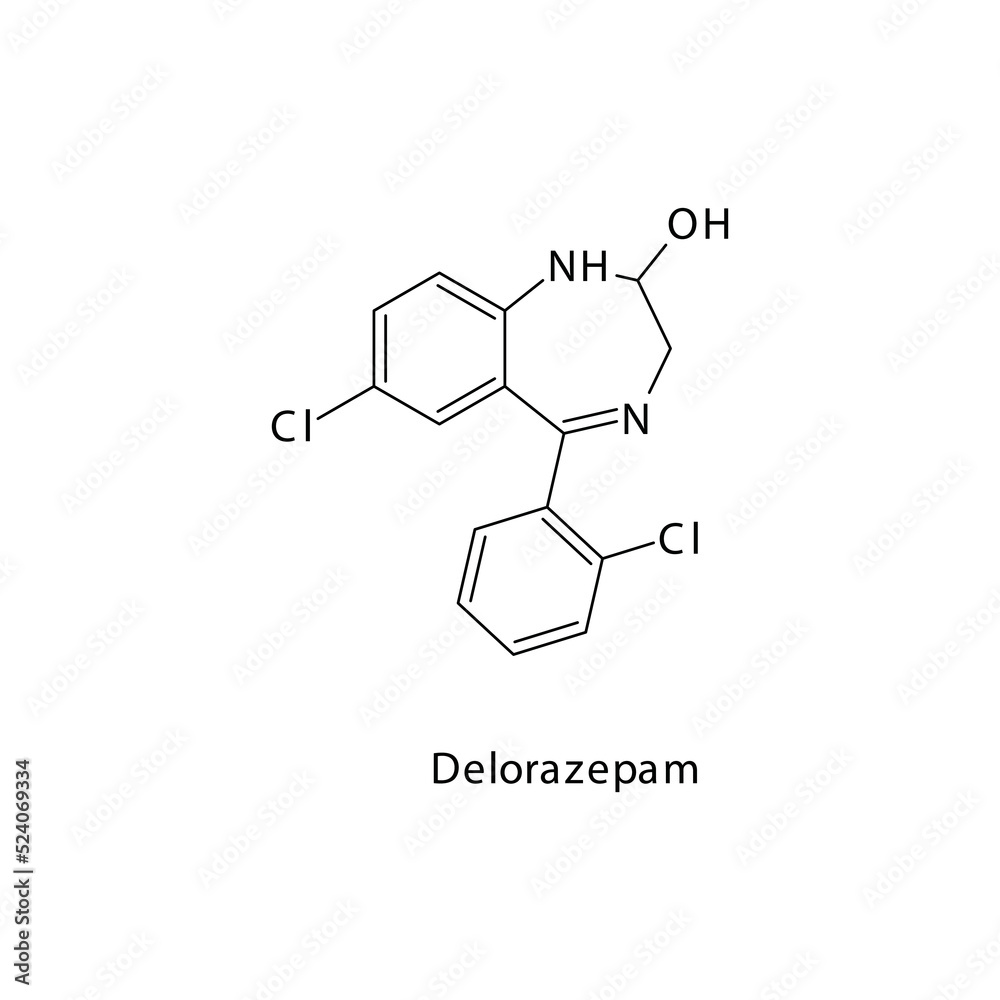 Delorazepam molecule flat skeletal structure, Benzodiazepine class drug used as Anxiolytic, anticonvulsant, sedative, hypnotic agent. Vector illustration on white background. Delorazepam molecule flat skeletal structure, Benzodiazepine class drug used as Anxiolytic, anticonvulsant, sedative, hypnotic agent. Vector illustration on white background.