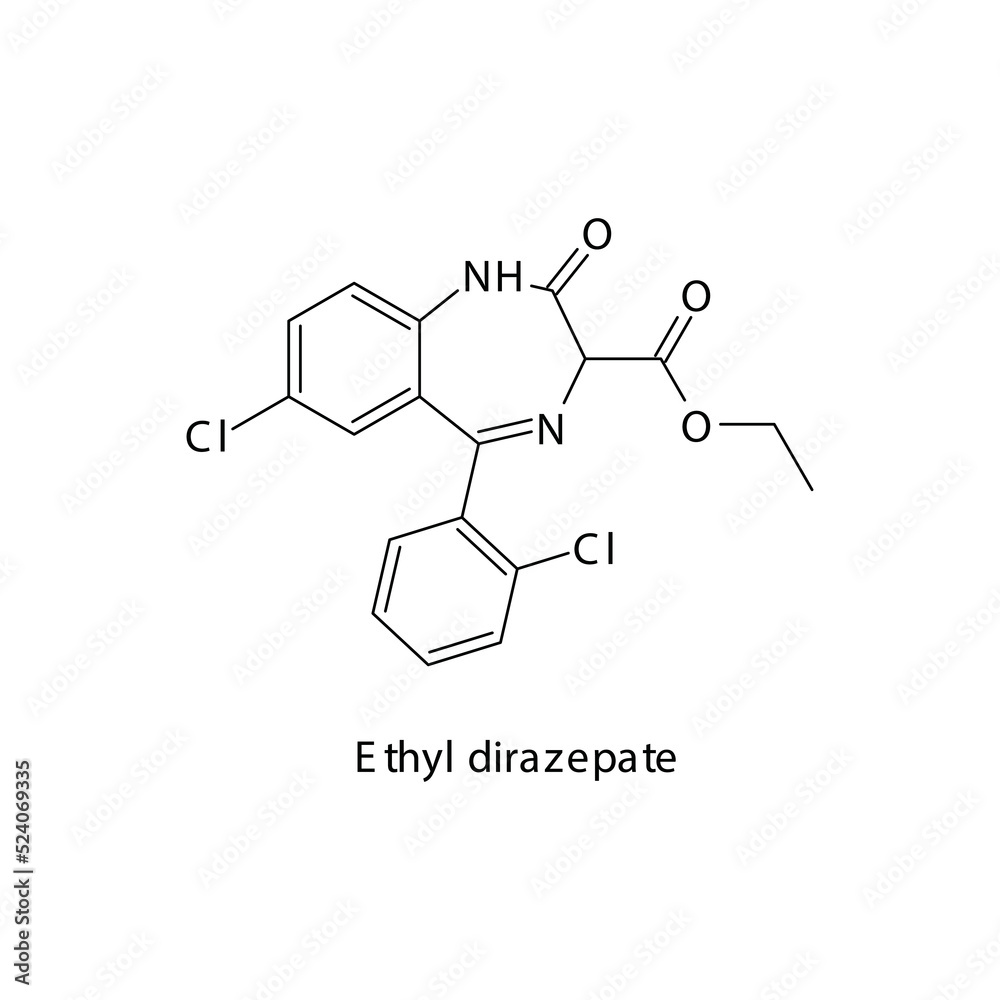 Ethyl dirazepate molecule flat skeletal structure, Benzodiazepine class drug used as Sedative, hypnotic agent. Vector illustration on white background.