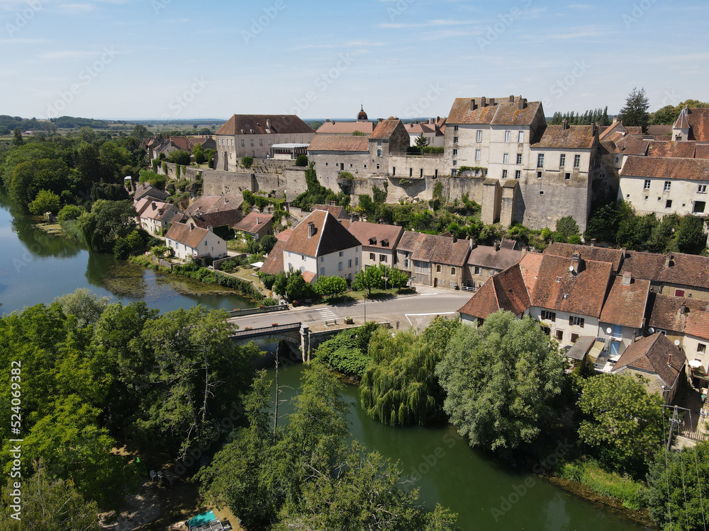 Aerial view above the beautiful village of  Pesmes, one of the plus beaux villages de France