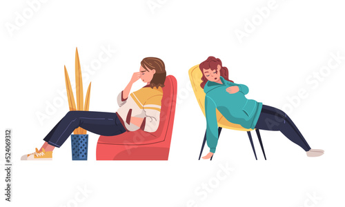 Set of tired sleepy people. Exhausted women sitting in armchairs cartoon vector illustration