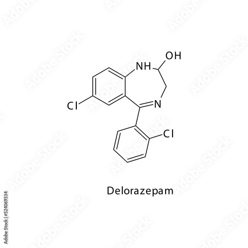 Delorazepam molecule flat skeletal structure, Benzodiazepine class drug used as Anxiolytic, anticonvulsant, sedative, hypnotic agent. Vector illustration on white background.