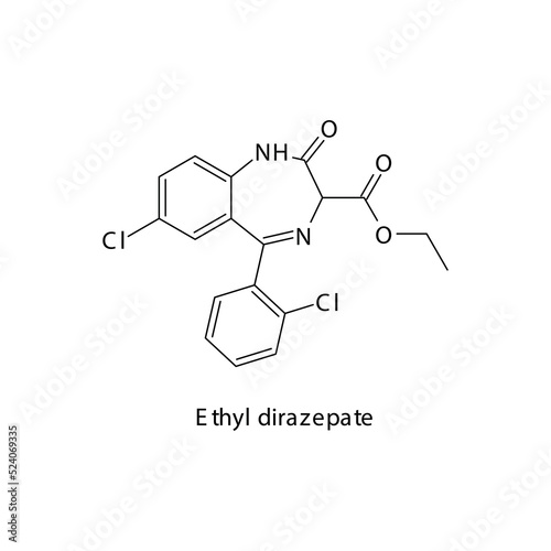 Ethyl dirazepate molecule flat skeletal structure, Benzodiazepine class drug used as Sedative, hypnotic agent. Vector illustration on white background.