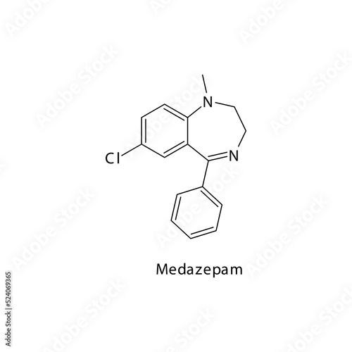 Medazepam molecule flat skeletal structure, Benzodiazepine class drug used as Sedative, hypnotic agent. Vector illustration on white background.