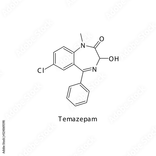 Temazepam molecule flat skeletal structure, Benzodiazepine class drug used as Sedative, hypnotic agent. Vector illustration on white background.