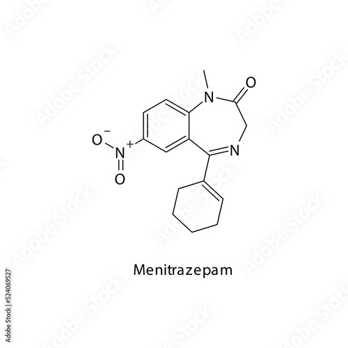 Menitrazepam molecule flat skeletal structure, Benzodiazepine class drug used as Anxiolytic, anticonvulsant, sedative, hypnotic agent. Vector illustration on white background.