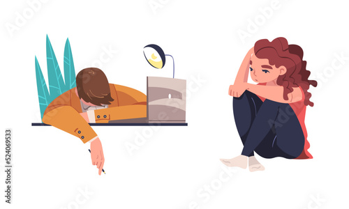 Set of tired, exhausted people. Office employee sleeping at desk in front of laptop computer, unhappy girl sitting on floor cartoon vector illustration