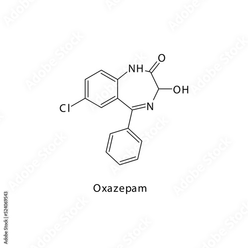 Oxazepam molecule flat skeletal structure, Benzodiazepine class drug used as Anxiolytic, anticonvulsant, sedative, hypnotic agent. Vector illustration on white background.