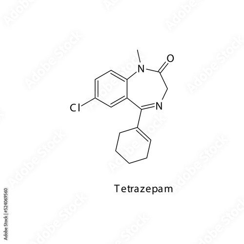 Tetrazepam molecule flat skeletal structure, Benzodiazepine class drug used as Sedative, hypnotic agent. Vector illustration on white background.