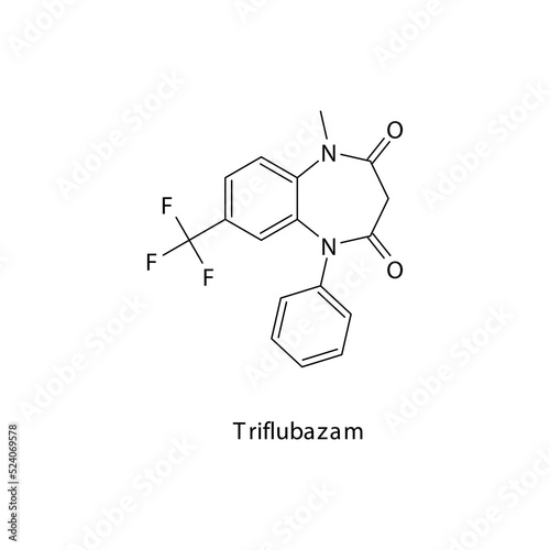 Triflubazam molecule flat skeletal structure, Benzodiazepine class drug used as Sedative, hypnotic agent. Vector illustration on white background.